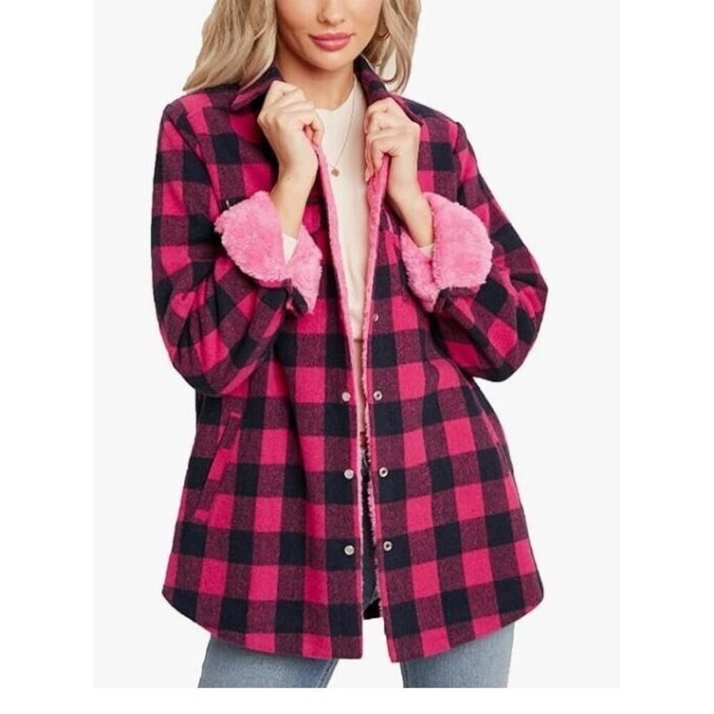 Bluivy Shacket Pink Buffalo Plaid Shirt Jacket Sherpa Lined Pearlsnap Closure Lg